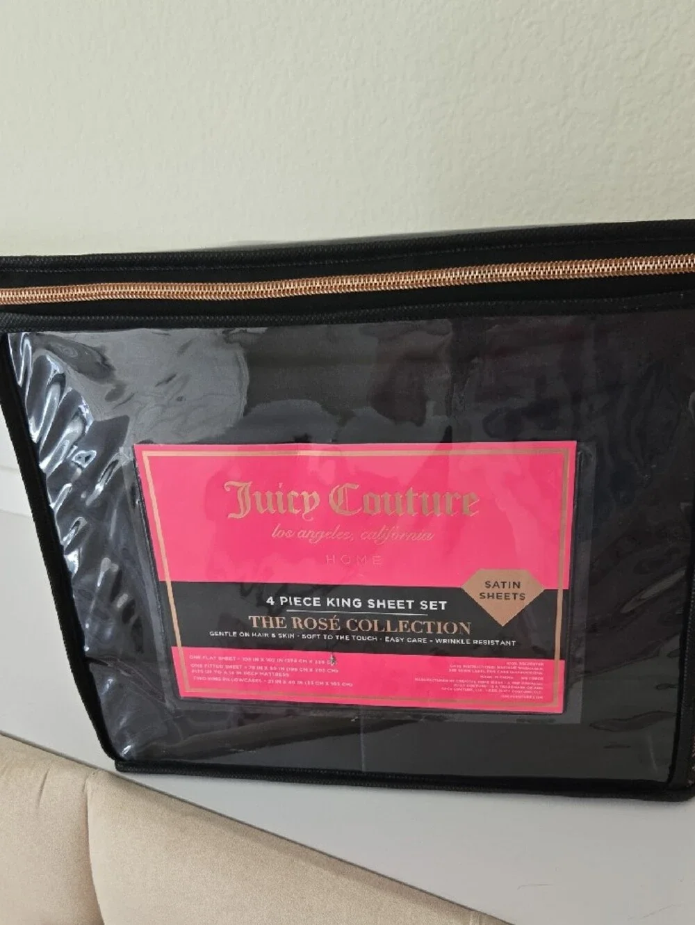 Juicy Couture Black Satin King Sheet Set with Pink Label